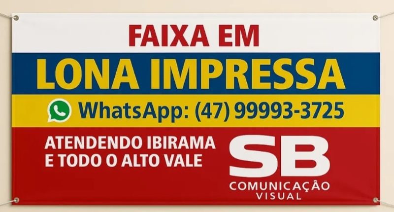 Exemplo ilustrativo de faixa em lona impressa pendurada na parede