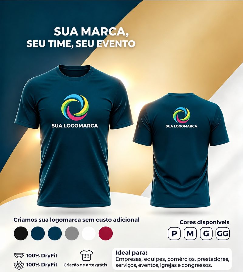 Exemplo ilustrativo de camiseta azul personalizada, vista de frente e de costas, com logomarca estampada