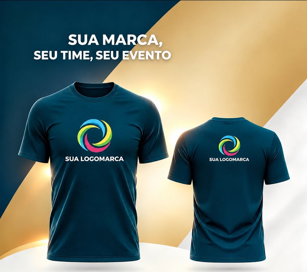 Exemplo ilustrativo de camisetas azuis personalizadas, de frente e de costas, com logomarca estampada
